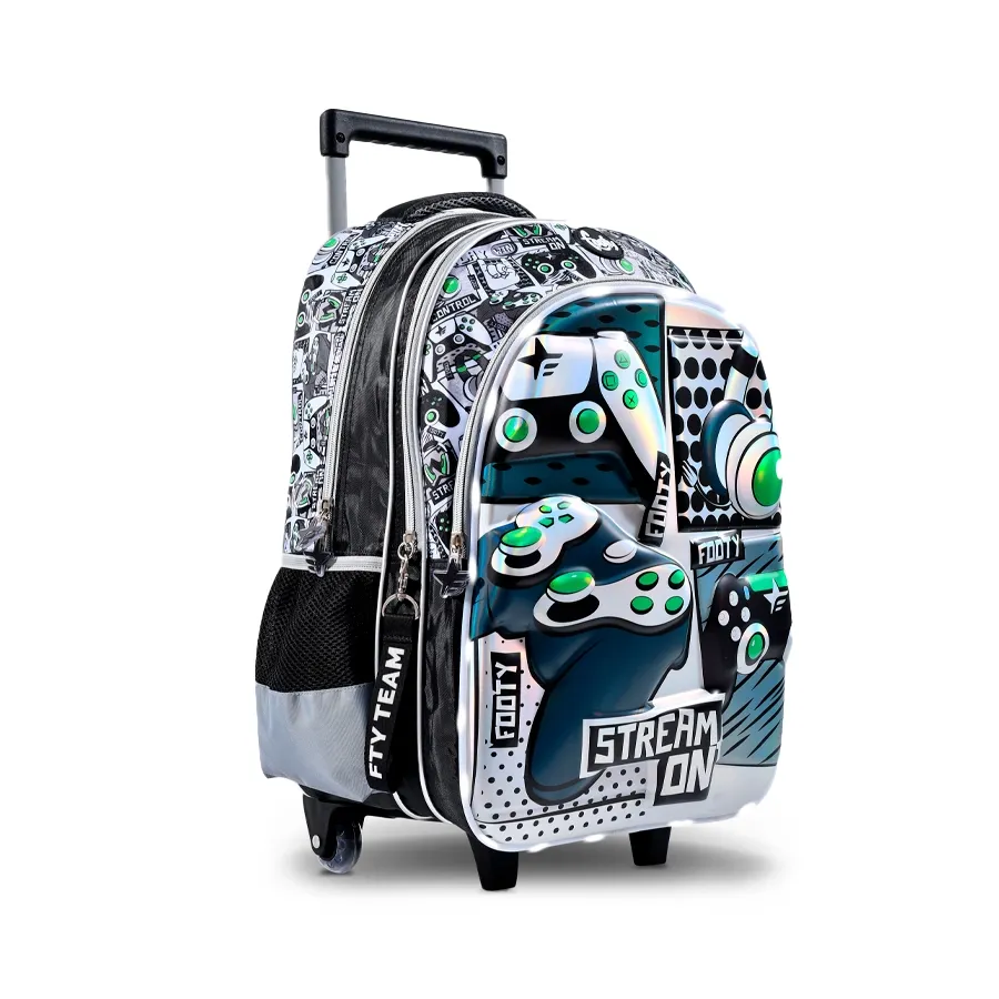 Imagen 1 de 2 de Mochila Footy C/Carro 18" Gamer-NEGRO/PLATA/VERDE