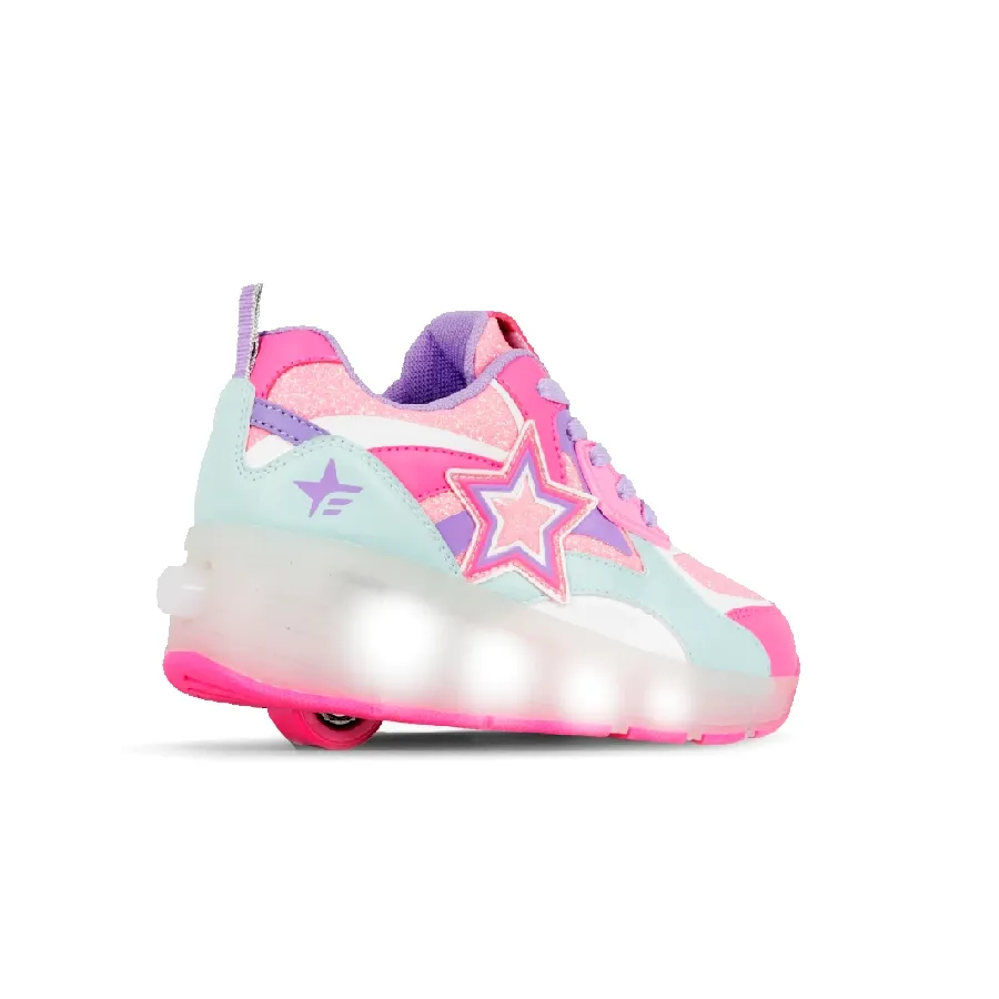 Imagen 1 de 3 de Zapatillas Footy Roller Super Star Ruedas+Luz Led-VERDE AGUA/FUCSIA/ROSA