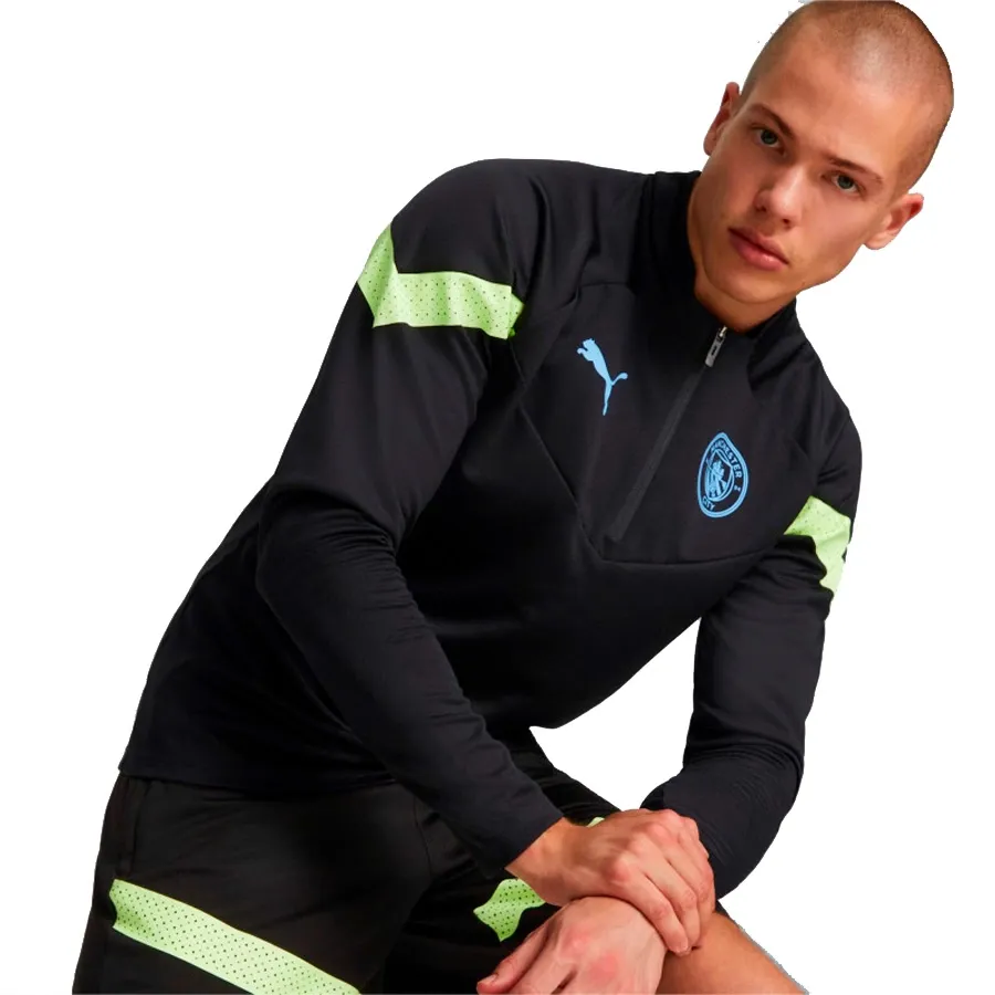 Imagen 2 de 5 de Buzo Puma Manchester City 1/4 Zip-NEGRO/VERDE FLUOR/CELESTE