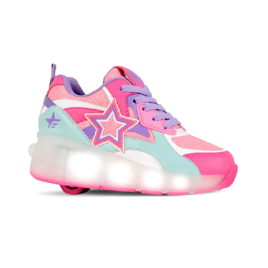 Imagen 0 de 3 de Zapatillas Footy Roller Super Star Ruedas+Luz Led-VERDE AGUA/FUCSIA/ROSA
