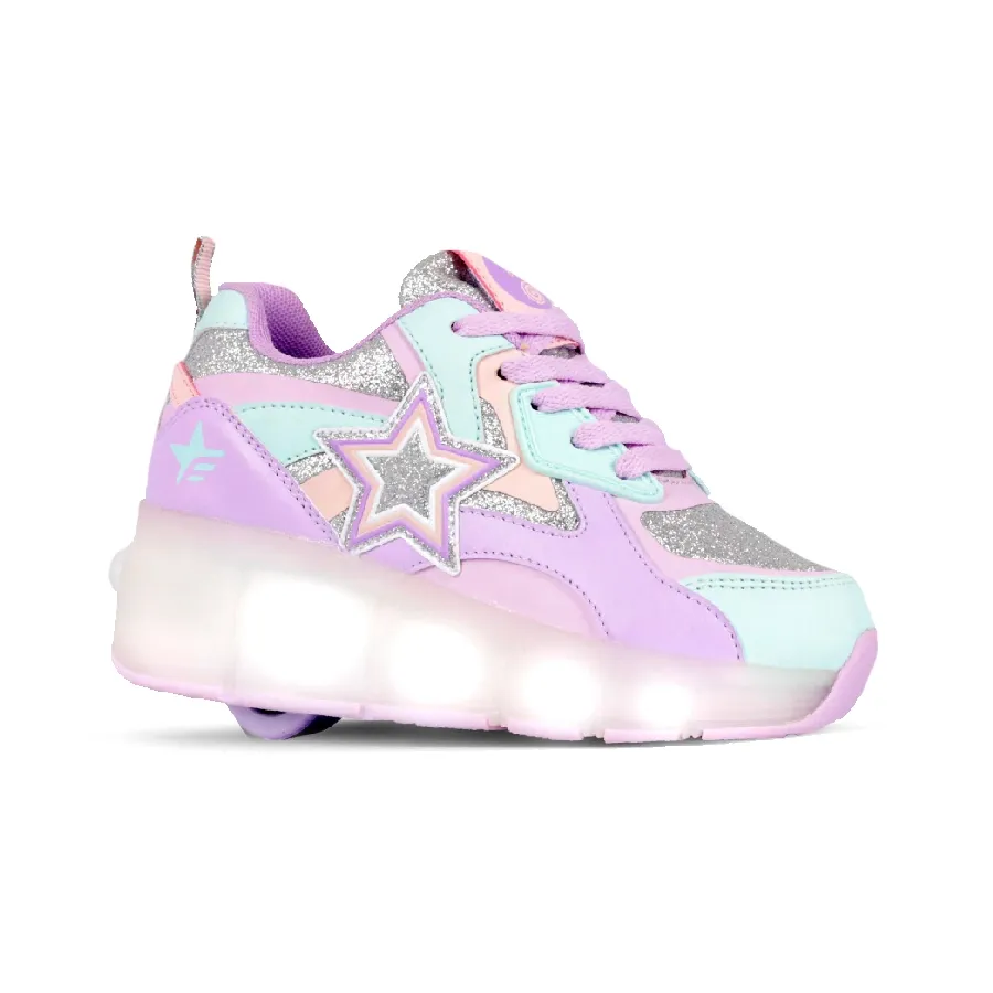 Imagen 0 de 3 de Zapatillas Footy Roller Super Star Ruedas+Luz Led-LILA/PLATA/VERDE AGUA
