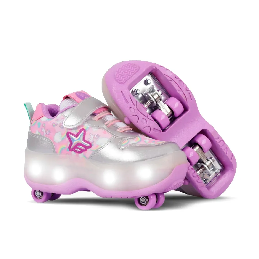 Imagen 1 de 3 de Zapatillas Footy Roll Rainbow Ruedas+Luz Led-ROSA/PLATA/LILA