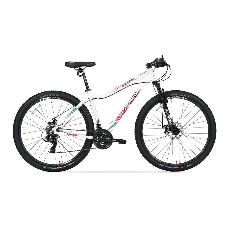 Imagen 0 de 11 de Bicicleta TopMega Mountain Bike Flamingo Aluminio R29 21vel-BLANCO/ROSA/CELESTE