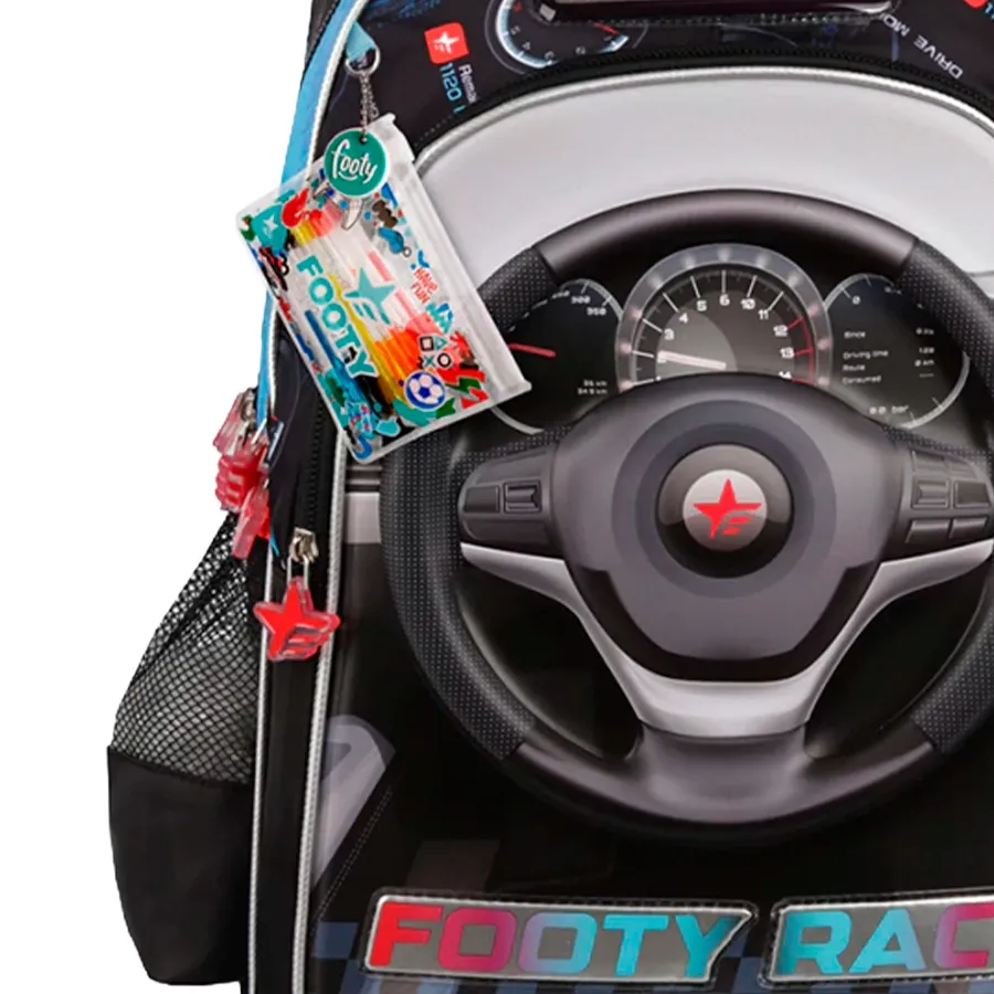 Imagen 1 de 2 de Mochila Footy C/Carro F1 Race 18"-NEGRO/AZUL/GRIS