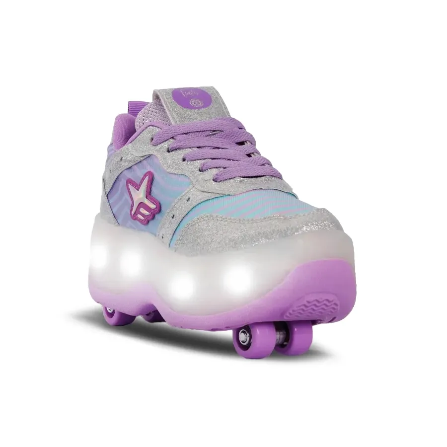 Imagen 1 de 3 de Zapatillas Footy Doble Roll Cool Ruedas+Luz Led-PLATA/LILA/VERDE AGUA