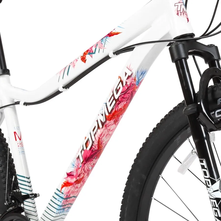 Imagen 5 de 11 de Bicicleta TopMega Mountain Bike Flamingo Aluminio R29 21vel-BLANCO/ROSA/CELESTE