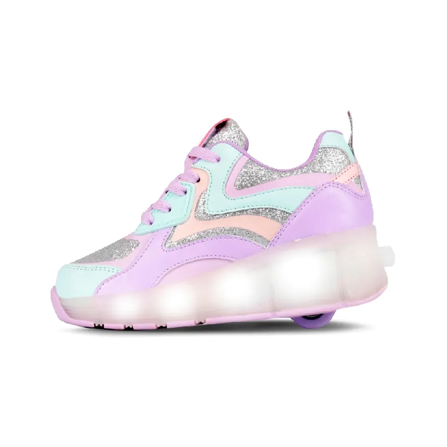 Imagen 1 de 3 de Zapatillas Footy Roller Super Star Ruedas+Luz Led-LILA/PLATA/VERDE AGUA