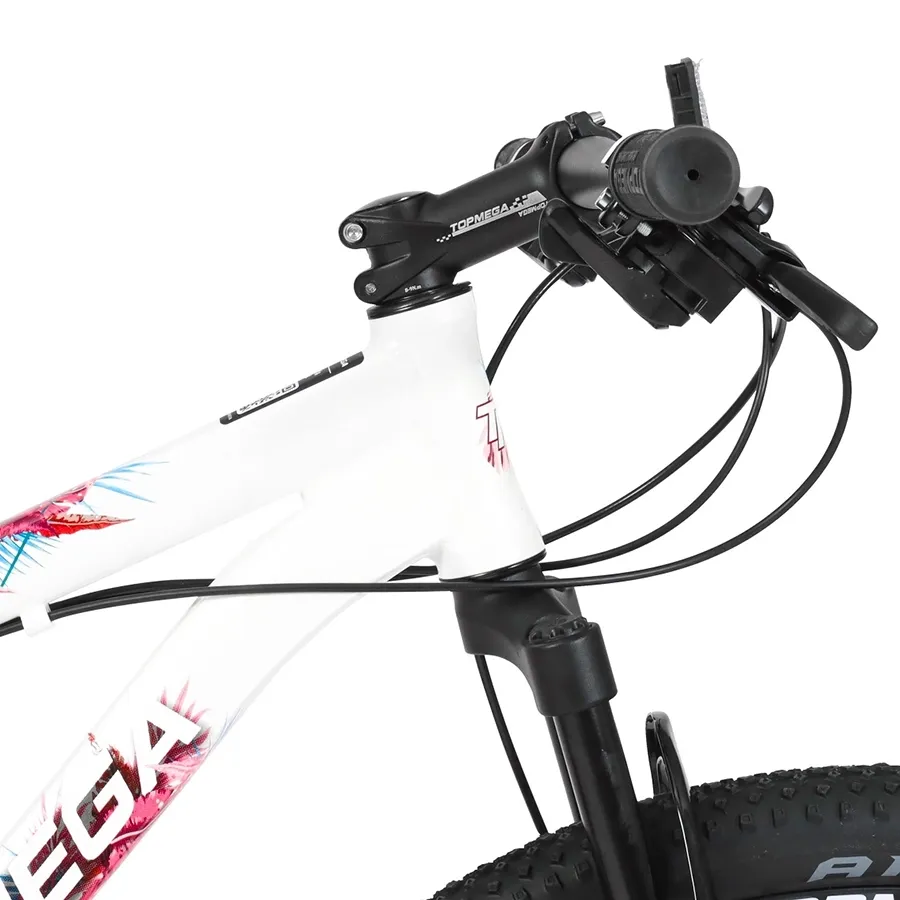 Imagen 2 de 11 de Bicicleta TopMega Mountain Bike Flamingo Aluminio R29 21vel-BLANCO/ROSA/CELESTE