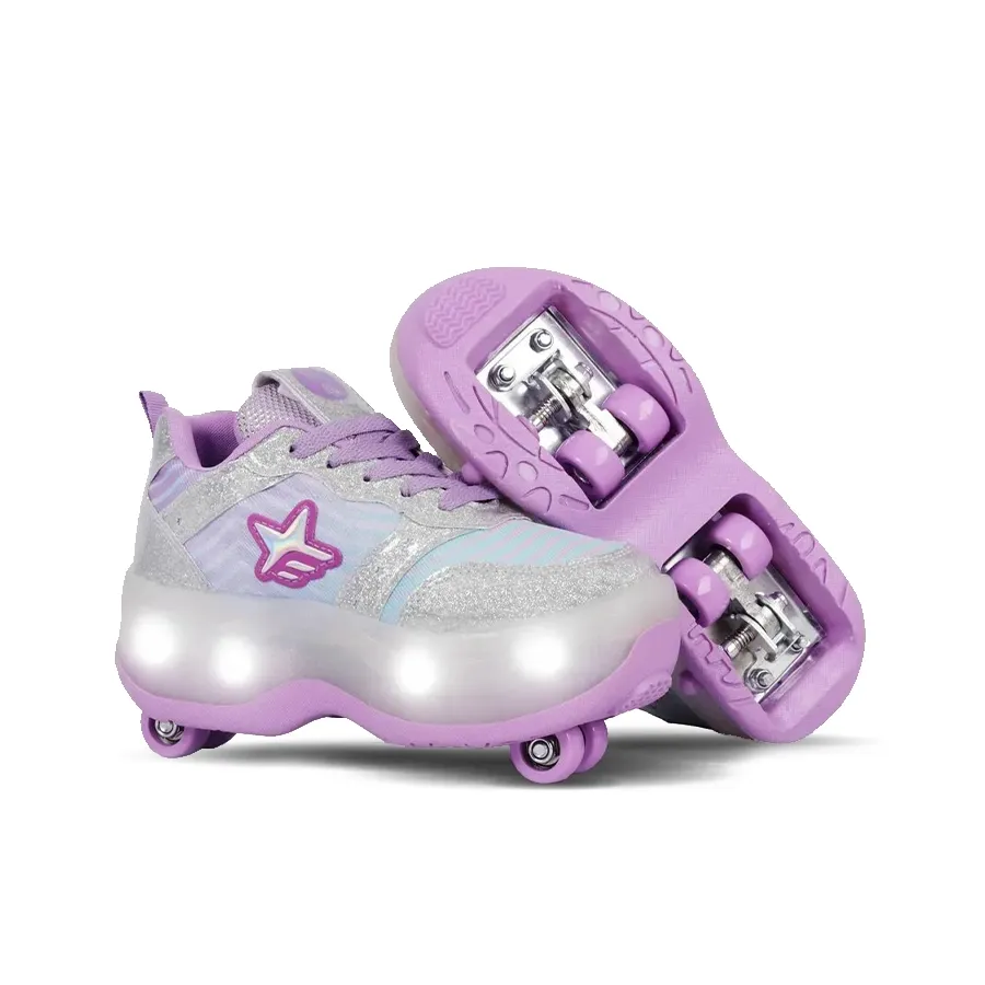 Imagen 2 de 3 de Zapatillas Footy Doble Roll Cool Ruedas+Luz Led-PLATA/LILA/VERDE AGUA